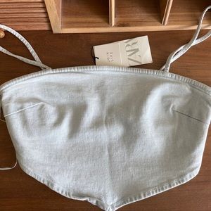 Zara Women's Denim Bandana Crop Top Zip Up Sides Sleeveless Light Blue Medium